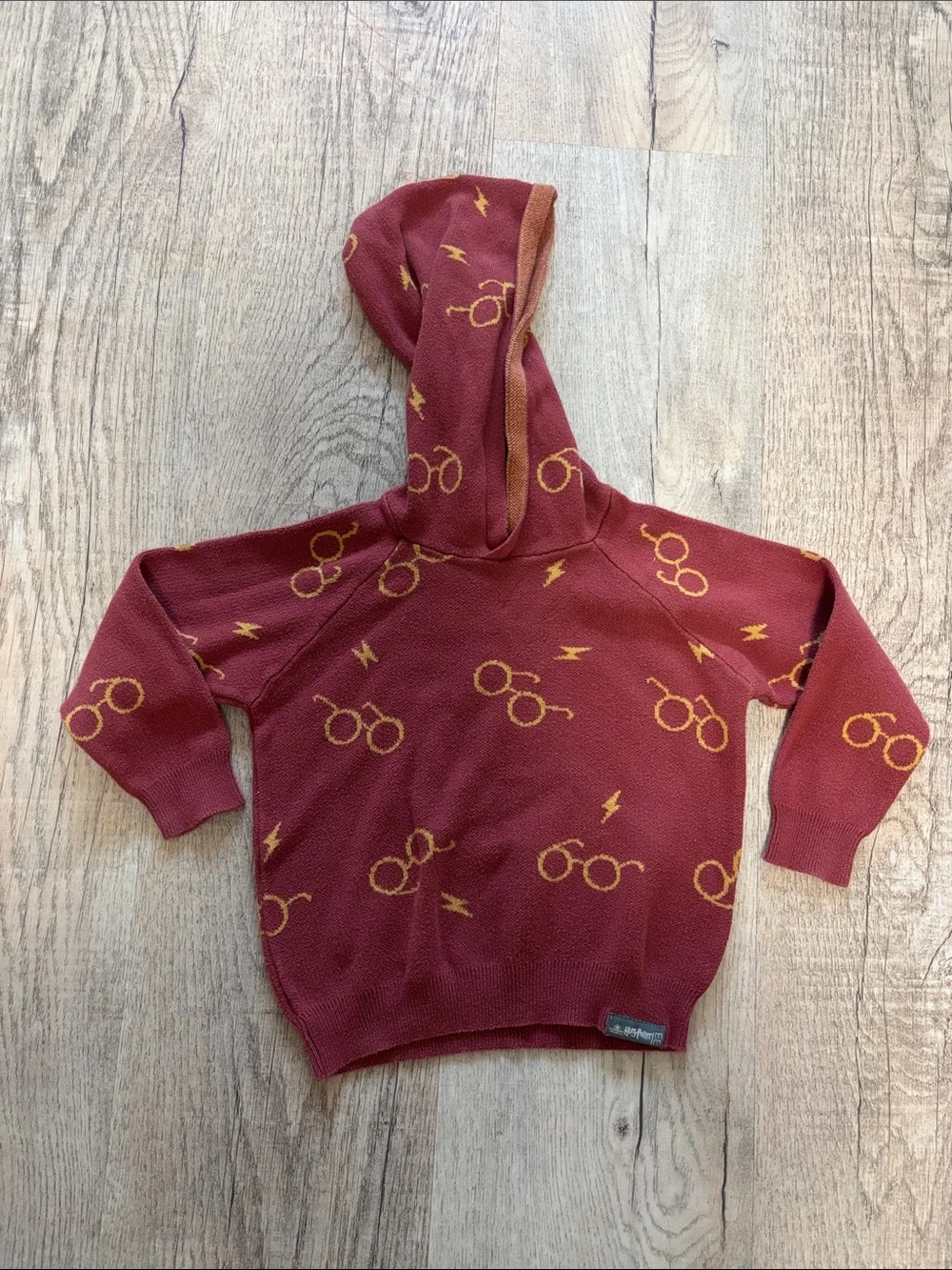 Kids' Maroon Hoodie with Gold Glasses & Lightning Print